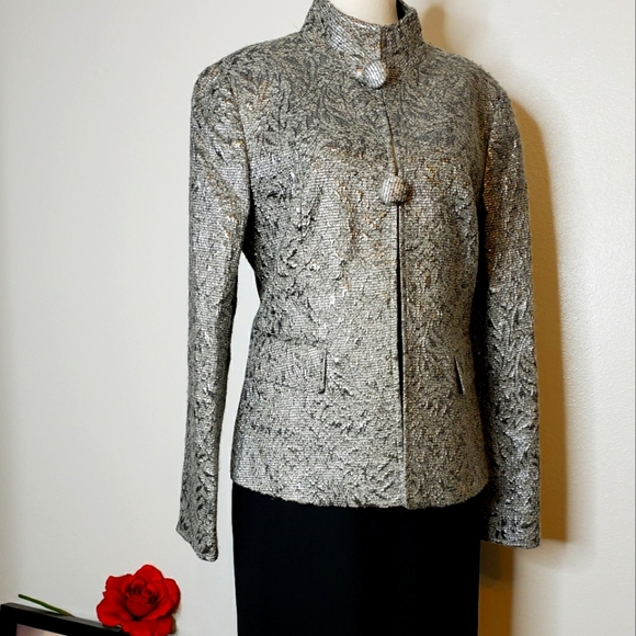Lafayette 148 Silver Shimmer Mandarin Jacket Wool Luxury Asian Office Spring - Picture 10 of 15